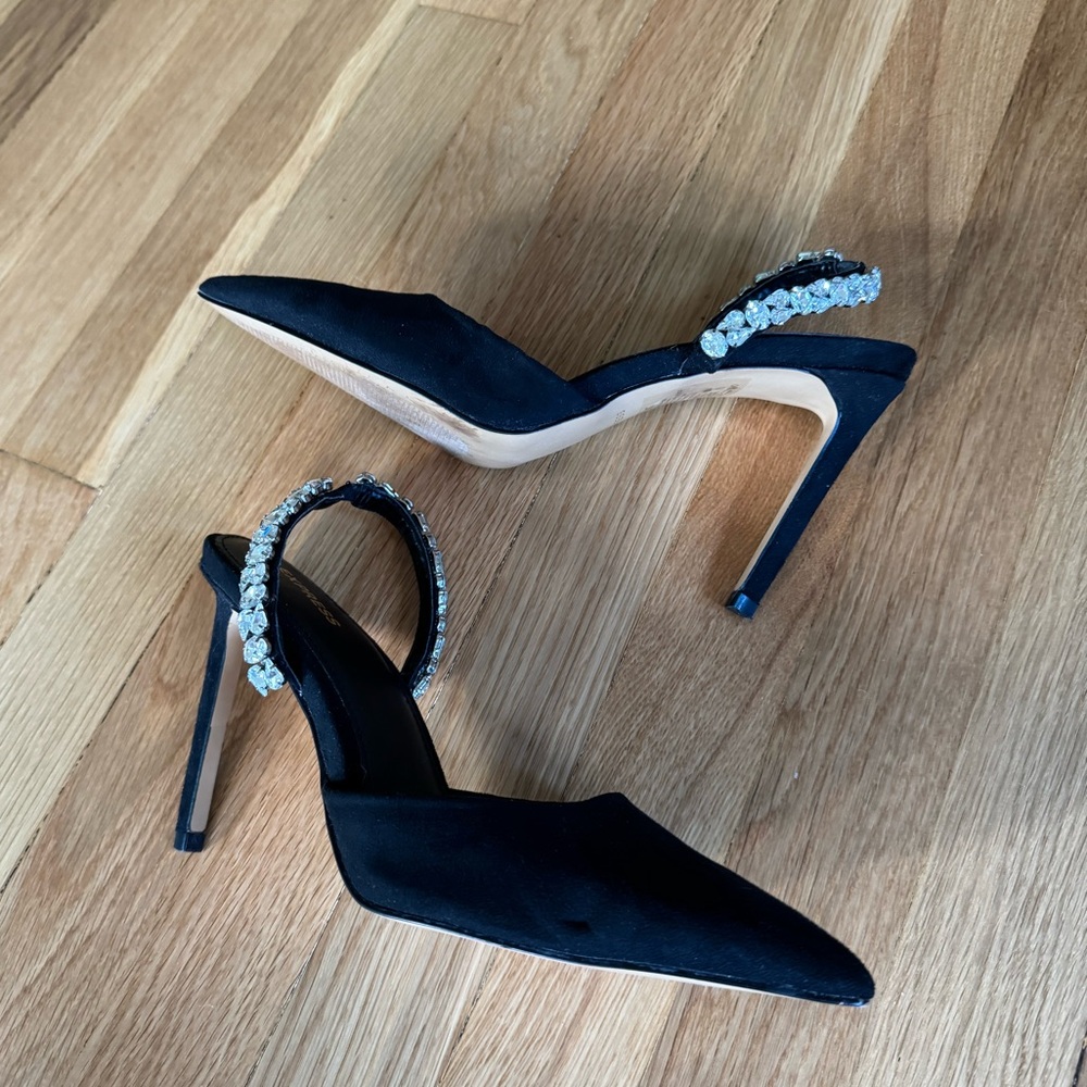Express Black Satin Pointed Toe Stiletto Heels with Crystal Slingback